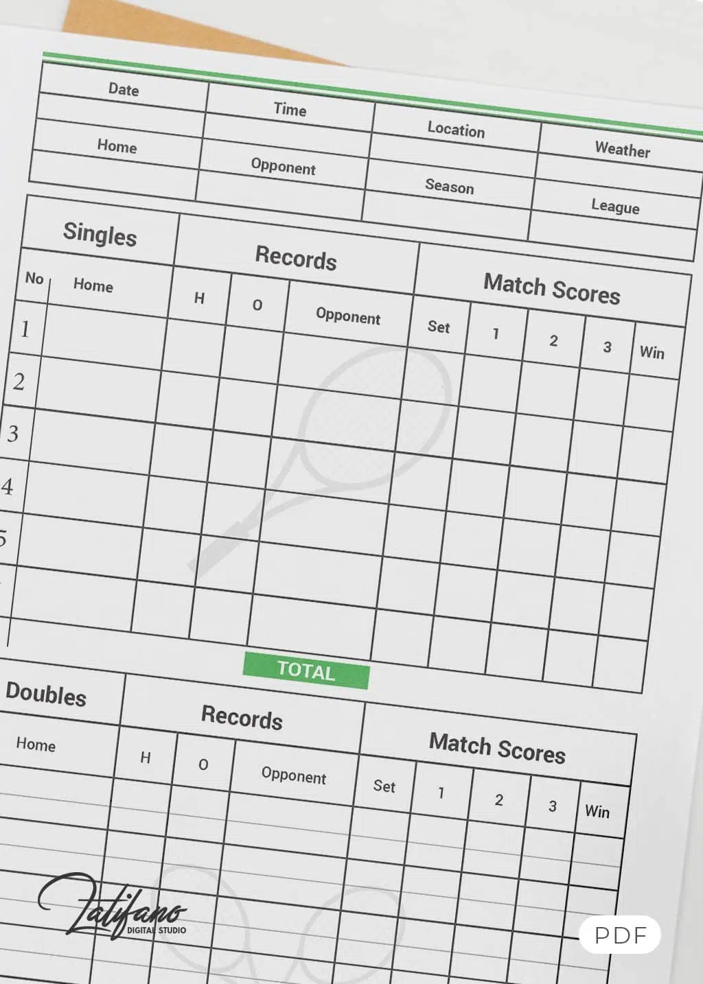 Printable Tennis Score Sheet